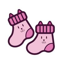 Pink colored baby socks with animal face and ears design vector icon illustration outlined isolated on square white background. Simple flat cartoon art styled with kids or children themed drawing.