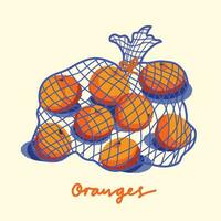 Oranges in blue net bag. Textured grungy styled vector illustration design isolated on square plain yellow background. Simple flat cartoon art styled drawing.