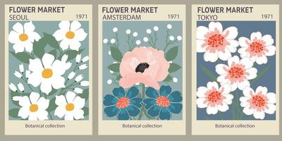 Flower market poster set. Abstract floral illustration. Botanical wall art collection, vintage poster aesthetic. Modern style, trendy pastel colors. Vector colorful illustrations.