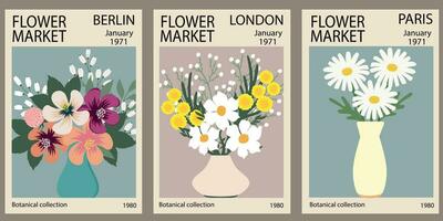 Set of abstract Flower Market posters. Trendy botanical wall arts with floral design in bright colors. Modern naive groovy funky interior decorations. Vector art illustration