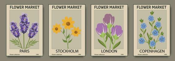 Abstract set flower market posters. Trendy botanical wall arts with floral design in earth tone pastel colors. Modern naive groovy funky interior decorations, paintings. Vector illustration