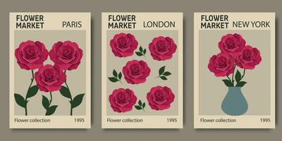 Abstract set Flower Market posters with rose. Trendy botanical wall arts with floral design in bright colors. Modern naive groovy funky interior decorations, paintings. Vector art illustration.