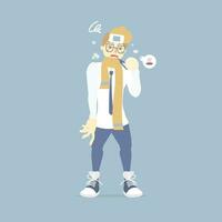 man in yellow scarf with thermometer in his mouth, having a cold and runny nose, fever flu influenza, winter, rainy season, health care concept, vector illustration cartoon flat character design