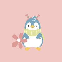 linda y encantador pingüino participación flor con corazón, contento San Valentín día, amor concepto, plano vector ilustración dibujos animados personaje disfraz diseño