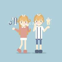 boy and girl kid have a toothache with toothpaste, toothbrush, dental floss, dental care concept, flat vector illustration character design clip art