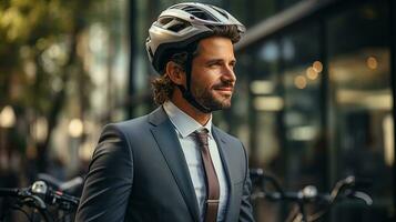 ai generado un empresario en un casco camina a su bicicleta en frente de el oficina edificio. generativo ai foto