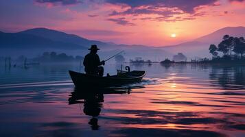 AI generated Experienced fisherman casts his fishing rod into calm waters early in the morning. Generative AI photo