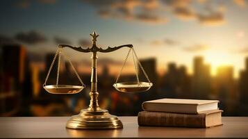 AI generated Law books, gavel and scales symbolizing justice on a table. Generative AI photo