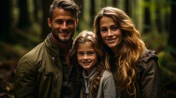 ai generado alegre familia posando en un bosque. generativo ai foto