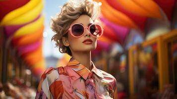 ai generado fashionista mujer quien usa elegante ropa, moderno Gafas de sol, y mezclas vibrante rosado y amarillo tonos en su atuendo. generativo ai foto