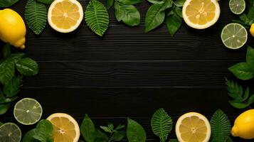 AI generated Cut lemons in green leaves and copy space. Generative AI photo