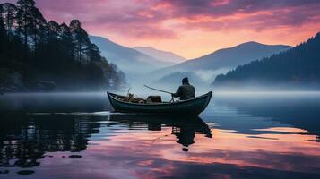 AI generated Experienced fisherman casts his fishing rod into calm waters early in the morning. Generative AI photo