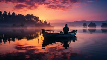 AI generated Experienced fisherman casts his fishing rod into calm waters early in the morning. Generative AI photo