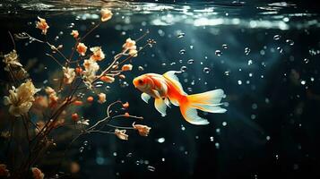AI generated Goldfish swims gracefully among undersea plants in calm waters. Generative AI photo