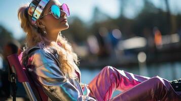 ai generado joven mujer vestido en vibrante Años 80 Moda por el lago. generativo ai foto