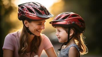 ai generado madre ayuda su hija poner en un casco antes de montando un bicicleta. generativo ai foto