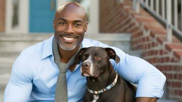 AI generated Cheerful man poses with his dog on the steps of the city. Generative AI photo