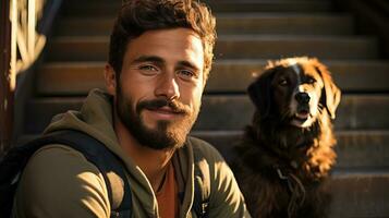 AI generated Cheerful man poses with his dog on the steps of the city. Generative AI photo