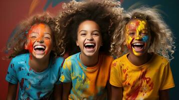 AI generated Excited children show off their painted faces and shirts, smiling proudly. Generative AI photo