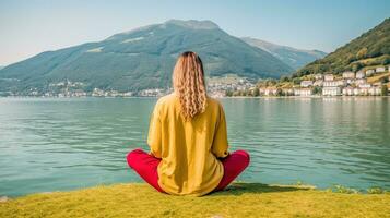 ai generado mujer haciendo un tranquilo yoga y meditación retirada por el lago. generativo ai foto