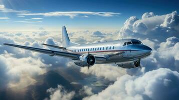 ai generado avión maniobra entre majestuoso nubes generativo ai foto