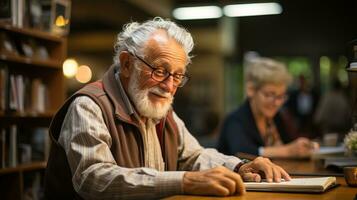 ai generado un retirado hombre en el biblioteca es leyendo un libro atentamente en un tranquilo esquina. generativo ai foto