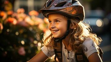 ai generado un joven niña vistiendo un casco para ciclismo. generativo ai foto