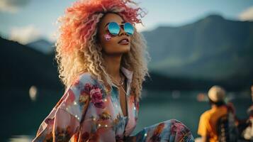 ai generado joven mujer vestido en vibrante Años 80 Moda por el lago. generativo ai foto