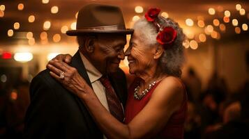 AI generated Elderly couples enjoy the night dancing in a lively community center. Generative AI photo