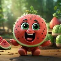 ai generado 3d realista dibujos animados linda sandía Fruta foto