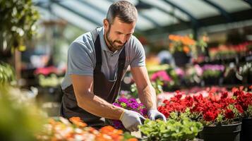 AI generated Private gardener maintaining live flower beds at a garden centre. Generative AI photo