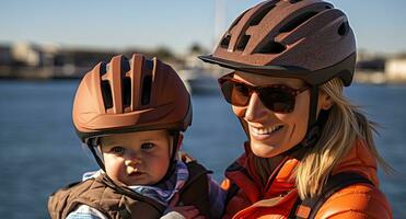 ai generado madre ayuda su hija poner en un casco antes de montando un bicicleta. generativo ai foto