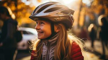 ai generado un joven niña vistiendo un casco para ciclismo. generativo ai foto