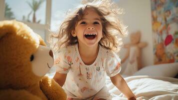 AI generated Happy little girl jumps on her bed next to her teddy bear. Generative AI photo