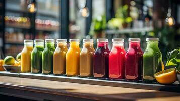 ai generado moderno orgánico jugo bar con diferente jugo botellas generativo ai foto