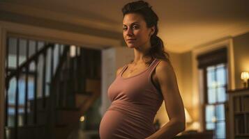 AI generated Pregnant woman exercising gently in her living room. Generative AI photo