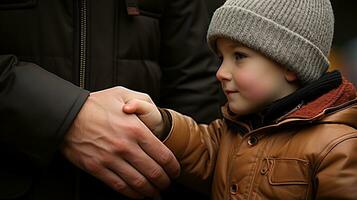 AI generated Close-up view of a father's hand gently holding his little son's tiny finger. Generative AI photo