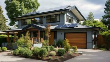 AI generated Sustainable house concept equipped with solar panels. Generative AI photo