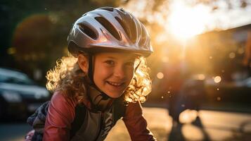 ai generado un joven niña vistiendo un casco para ciclismo. generativo ai foto