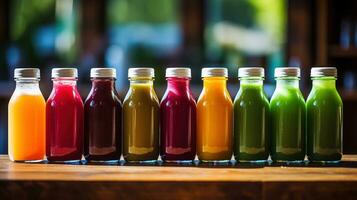 AI generated Modern organic juice bar with different juice bottles. Generative AI photo