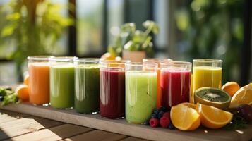 AI generated Modern organic juice bar with different juice bottles. Generative AI photo