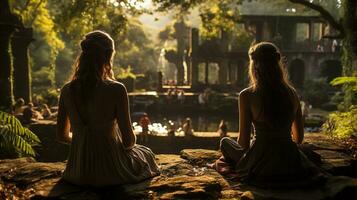 AI generated Individuals practicing mindfulness in the middle of nature. Generative AI photo