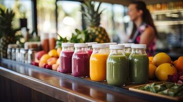 AI generated Modern organic juice bar with different juice bottles. Generative AI photo