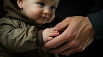 AI generated Close-up view of a father's hand gently holding his little son's tiny finger. Generative AI photo