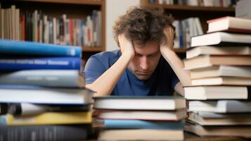 ai generado estudiante es mirando para información entre un pila de libros. generativo ai foto