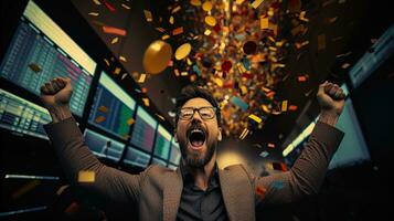 AI generated Young trader celebrating a victorious stock market trade. Generative AI photo
