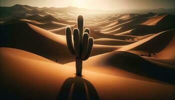 ai generado un solitario cactus en el medio de un desierto, entre el arena dunas. generativo ai foto