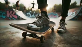 ai generado patinadores realizar trucos a un urbano patinar parque, con un fondo de cubierto de graffiti rampas. generativo ai foto