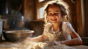 ai generado alegre joven niña cocineros con Placer y asperja harina en su de la abuela antiguo cocina. generativo ai foto