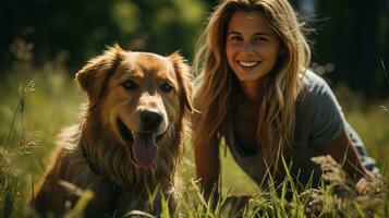 ai generado alegre joven mujer es jugando con su Labrador perro en un lozano verde campo. generativo ai foto